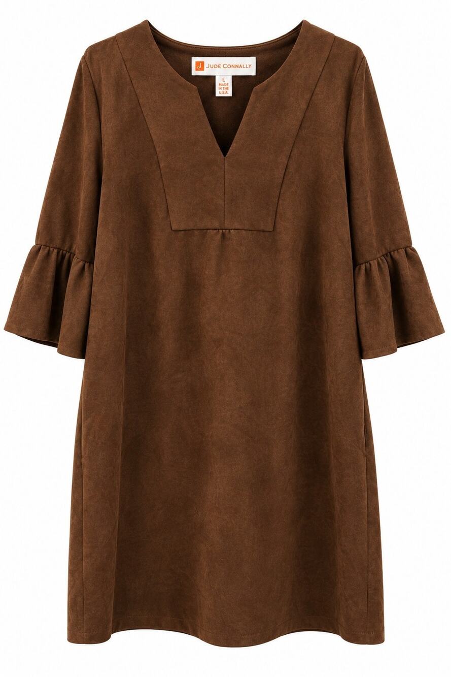 Jude Connally Kerry Faux Suede Split V Neck 3/4 flounce Sleeve Slide Dress L NWT